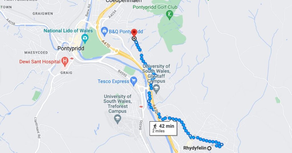 Walking from Rhydyfelin to the Rocking Stone in Pontypridd